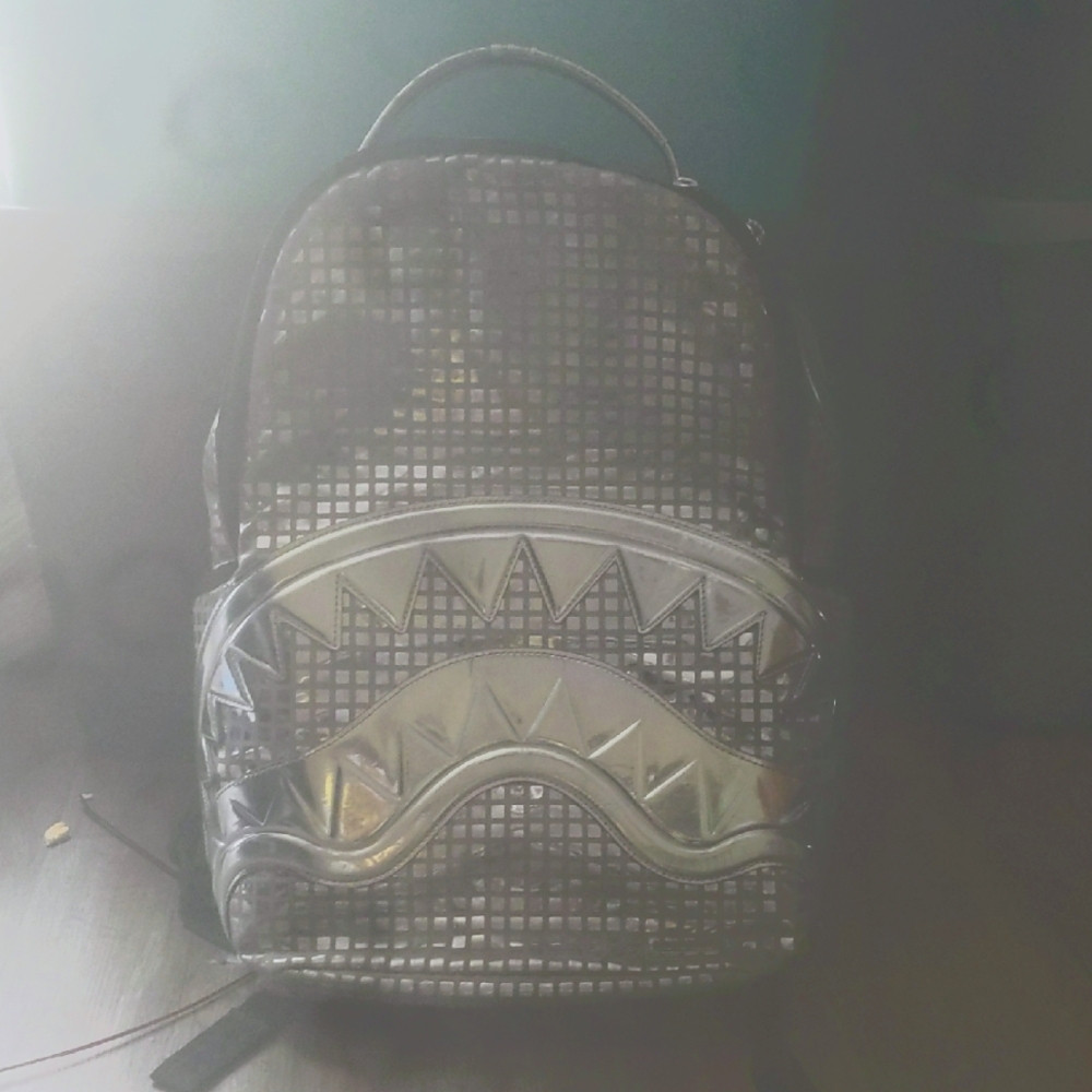 Sprayground Silver and Black Shark Backpack